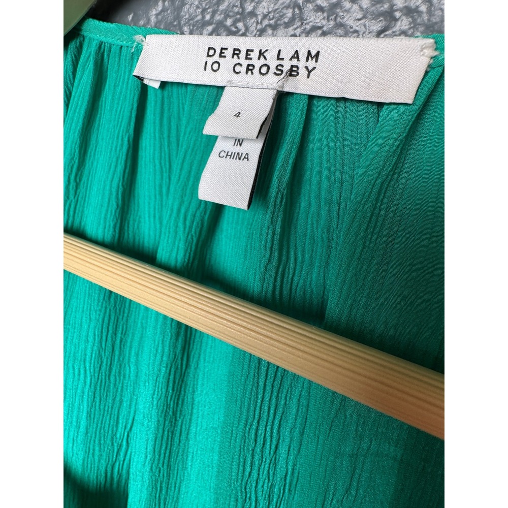 Derek Lam 10 Crosby 100% Silk Green Tiered Mini Dress Smocked Sleeves Size 4 - Picture 7 of 9